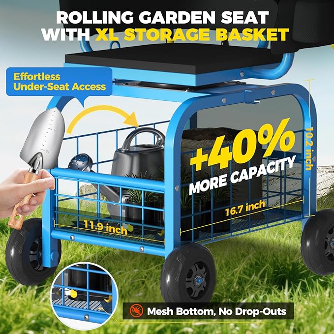 Suntee Garden Seat with Wheels Rolling Gardening Stool with 360° Swivel Seat &amp BackrestTool Storage Basket &amp Back Tool Pouch Adjustable Handle Outdoor Gardening Scooter Garden Cart for Se