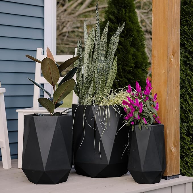 Beuta Large Planters for Outdoor Plants - Set of 3 15.5/18/20 Inches Outdoor Planters for Porch - Tall Planter for Outdoor &amp Indoor Plants | Large Indoor Plant Pot- USA Made - Black