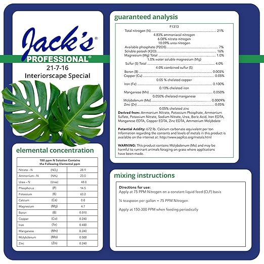 Jack's Professional 21-7-16 Interiorscape Special Water-Soluble Fertilizer with Micronutrients for Enhanced Growth in Tropical Plants 25lbs