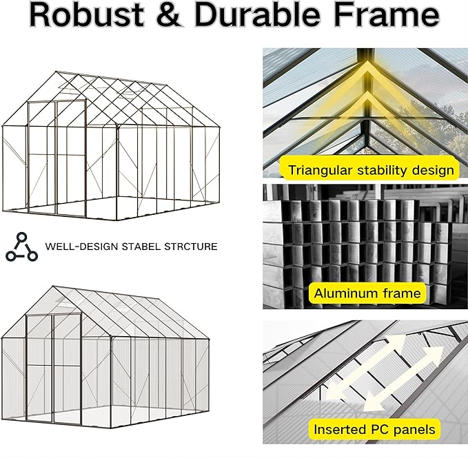 Kingdura 8x12ft Walk-in Greenhouse for Outdoors Large Polycarbonate Greenhouses with Heavy Duty Aluminum Frame Adjustable Roof Vent Lockable Door UV Protection for Outside Garden Backyard
