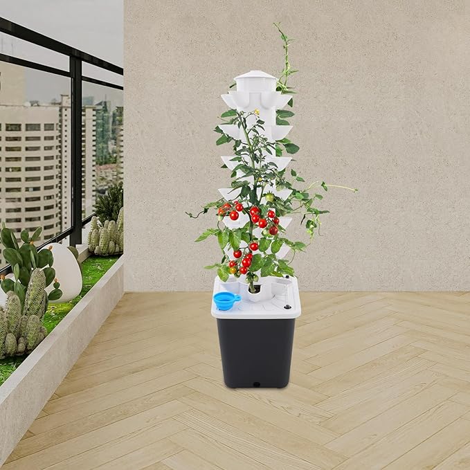 7 Tiers 35 Holes Plants Hydroponic Tower Hydroponics Growing System Tower Vertical Hydroponic Tower Planter Germination Kit for Herbs Vegetables Fruits Peppers Strawberries Grey