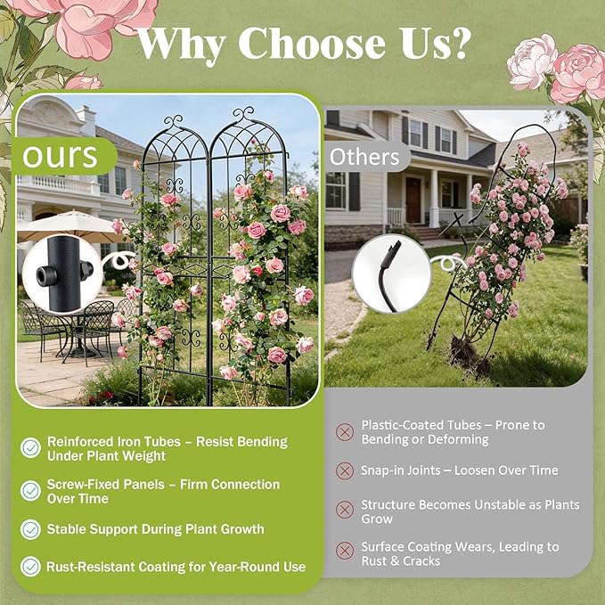 2 Pack 70.8 H x 19.7 W Arched Metal Garden Trellis for Climbing Plants Outdoor - Tall Rust-Resistant Decorative Climbing Rose Trellis Perfect for Roses Vines Vegetables Flowers Black