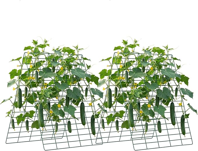 VEVOR Cucumber Trellis 35 x 55 Foldable A-Frame Garden Trellises for Raised Bed 4 Panels Metal Rustproof Outdoor Climbing Plant Support with Gloves for Vine Peas Beans Tomato Flowers