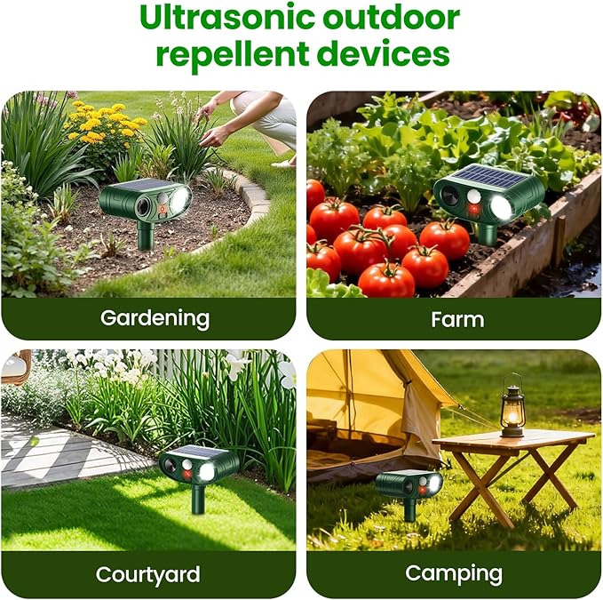 2026 Upgraded Ultrasonic Solar Animal Repellent Outdoor Deer Repellent Devices Squirrel Cat Raccoon Rabbit Dog Deterrent with Motion Sensor Flash Light for Yard Garden Lawn-4 Pack