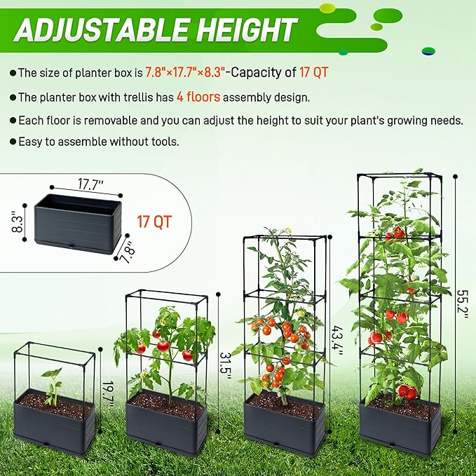 2 Packs Raised Garden Bed Tomato Planter Box with Trellis 55.2 Self-Watering Tomato Cage with Rectangular Trellis for Climbing Plants Flowers Vegetables Vine in Patio Garden Indoor Outdoor