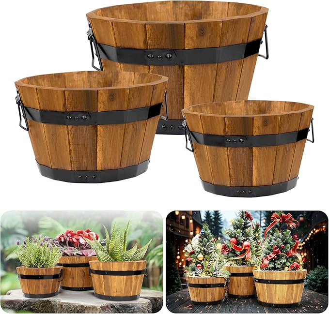 Idzo Set of 3 Wooden Flower Boxes Outdoor Durable Acacia Wood Barrel Planters for Outdoor Plants with Ergonomic Handles Drainage Holes Multiple Sizes Wood Bucket Planter Light Brown