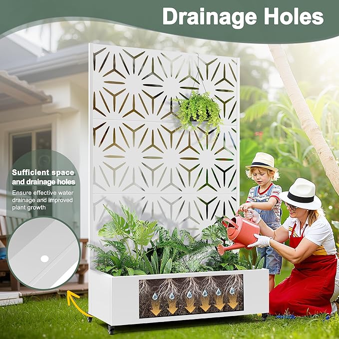 Metal Planters Box with Trellis &amp Privacy Screen for Patio Large Raised Garden Beds with Drainage Holes &amp Wheels 47 L×16 W×71 H Standing Flower Beds with Trellis (White Star)