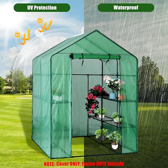Walk-in Greenhouse Replacement Cover with Roll-Up Zipper Door 56×56×76 inch PE Greenhouse Cover Protect Outdoor Gardening Plants from Cold FrostWaterproof and UV Resistant(Frame Not Include)