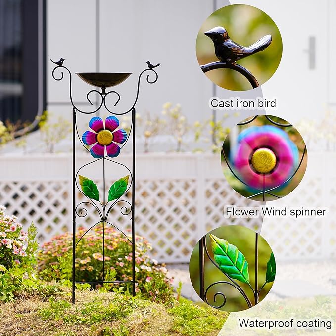 Bird Bath with Trellis Outdoor - 40 Antique Iron Free Standing with 9 Detachable Basin Spinning Flower Windmill &amp Birdfeeder Station for Garden Decor