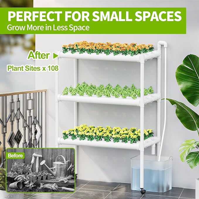 SPECILITE Hydroponics Growing System with Wheels 3-Tier 108 Plant Sites Food-Grade PVC-U Pipes Gardening kit for Leafy Vegetables Lettuce Herbs Water Pump Indoor Outdoor