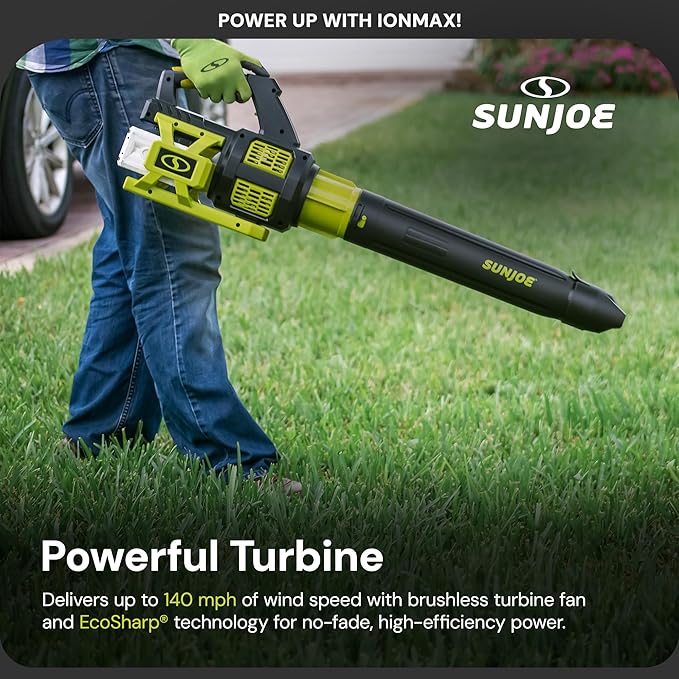 Sun Joe Cordless Brushless Turbine Jet Blower Kit with 2 Batteries &amp Charger 24V 133 MPH - Portable and Lightweight Battery-Powered Electric Equipment for Lawn Garden and Yard Care 24V-X2-JB5