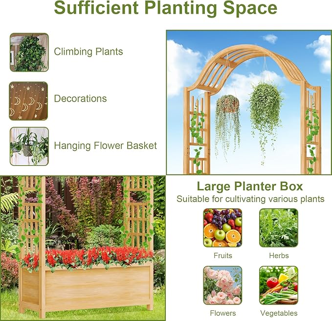 Raised Garden Bed with Trellis Freestanding Wood Planter Box w/Hanging Roof &amp Drainage Holes for Vine Climbing Plants Flowers Outdoor Planter with Trellis for Patio Balcony