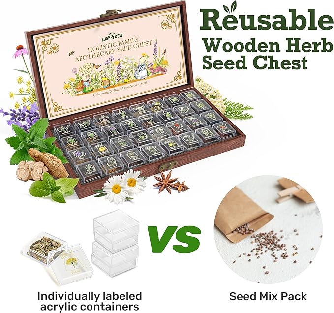 Lush&ampDew Holistic Family Apothecary Seed Chest 30000+ Medicinal Herb Survival Seed Kit Gardening Gifts for Women Men 32 Varieties Heirloom Non-GMO Culinary Herb Seeds for Raised Bed Windowsill
