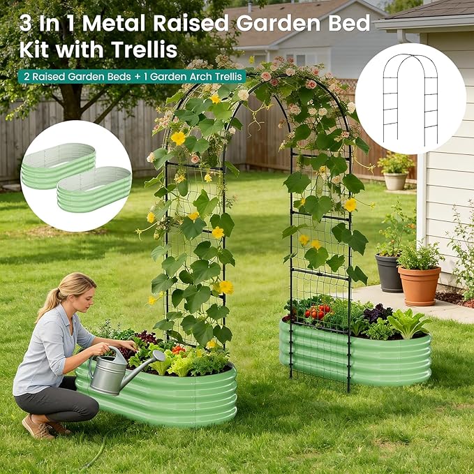 DoCred 3 in 1 Raised Garden Bed with 87in Tall Arch Trellis for Climbing Plants Galvanized Planter Garden Box Outdoor for Gardening Climbing Vegetables Flower Green