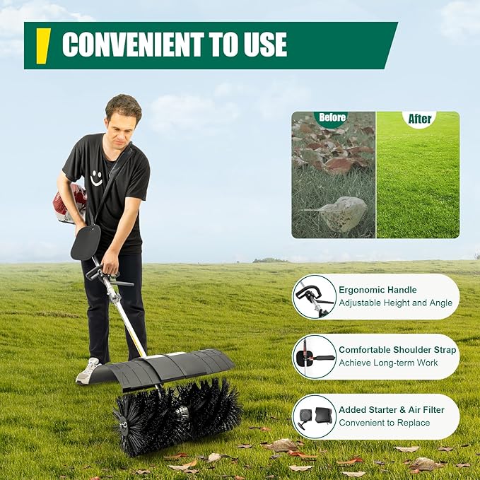 DNYSYSJ 52cc Handheld Sweeper 2-Stroke Gas Power Sweeping Broom Single Cylinder Walk Behind Sweeper Cleaning Driveway Turf Lawns Artificial Grass Power Brush Lawn Sweeper Cleaner Tools for Walkway