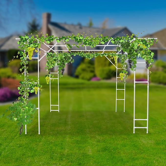 Metal Pergola Arbor Garden Arch Trellis for Climbing Plants 9.84 * 6.56 * 7.55ft Large Tall Trellis Plants Support for Climbing Vine Vegetable Fruit Flower Wedding Party (White Style B)