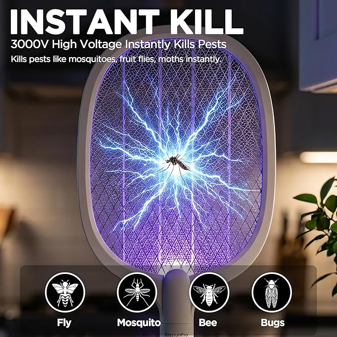 Fly Swatter Electric(2 Pack) USB-C Rechargeable Electric Mosquito Racket Portable Handheld Cordless Electric Bug Zapper Indoor Racket to Kill Mosquitoes Wasps Gnats Flies Bugs with Stand