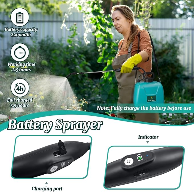 1.35 Gallon Battery Powered Sprayer Electric Garden Sprayer with Rechargeable Handle 3 Mist Nozzles Retractable Wand Water Pump Sprayer with Adjustable Shoulder Strap for Yard Lawn and Garden