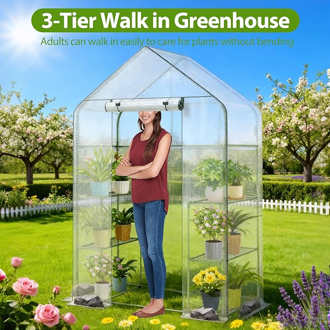 Walk-in Greenhouse 27.6 x 55 x 79 Inch Outdoor Plant Green House with 3 Tiers 6 Shelves Heavy Duty Steel Frame &amp Thicken PE Cover Portable Greenhouses for Balcony Patio Deck Gardening