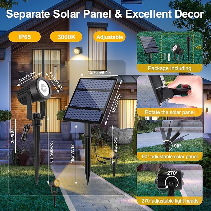 T-SUNUS Solar Spot Lights for Outdoor Warm White 3000K Landscape Spotlight IP65 Waterproof Separated Panel Uplights with 9.8ft Cable Auto On/Off for Tree Yard Lawn House Driveway Pathway Pool
