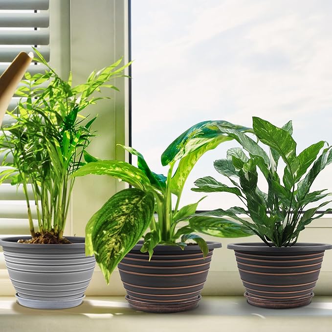 12 Inch Plastic-Flower Pot-for-Indoor Plants 3 Pack Large Planters for Outdoor Plants with Drainage Holes &amp Saucers Retro Antique Imitation Decorative Garden Pots Planters