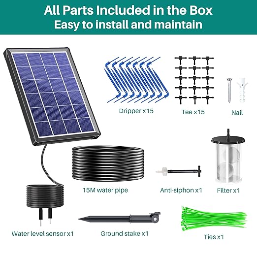 Biling 4W Solar Drip Irrigation System with Digital Programmable Smart Watering 2200mAh Battery Backup for 15 Potted Plants Outdoor Indoor Garden