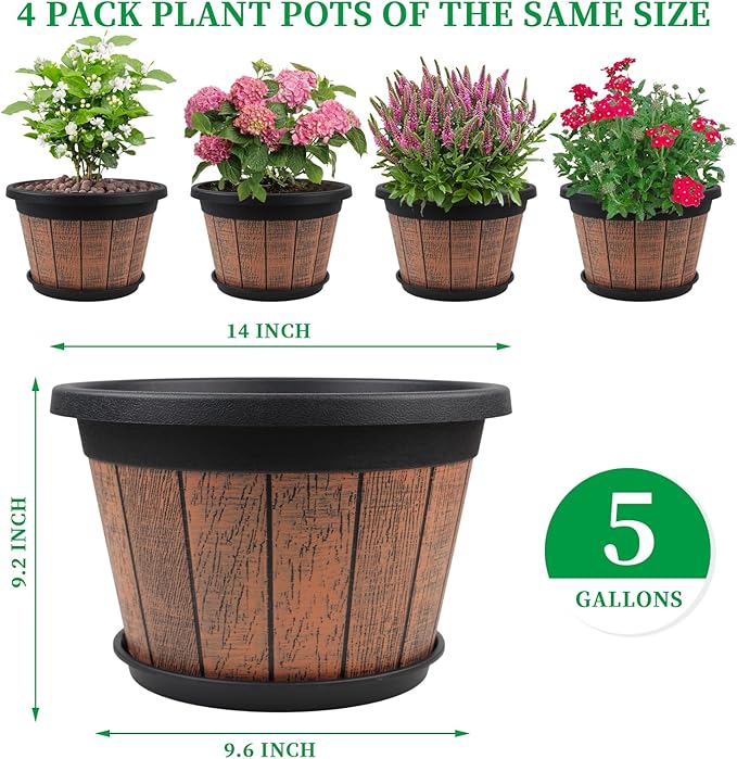 Quarut Large 4 Pack 14 inch Plant PotsWhiskey Barrel Planters with Drainage Holes &amp SaucerPlastic Decoration Flower Pots Retro DesignPlanters for Outdoor Indoor Garden Balcony Plants (Brown)