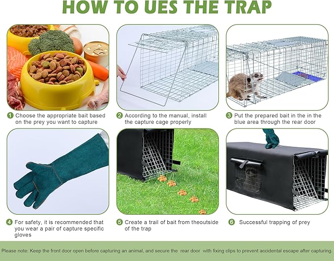 Live Animal Trap Cage with Cover &amp Gloves Cat Trap for Stray Cats 32 Inch Heavy Duty Folding Skunk Traps with Real Door for Raccoons Opossums Skunks Feral Cats Squirrels-(32 x 10 x 12 inches)