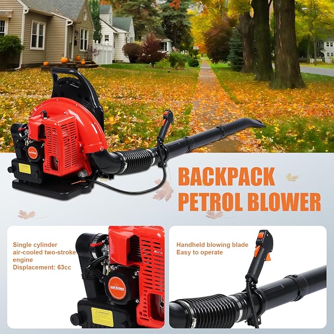 Backpack Leaf Blower 665 CFM Leaf Blower Gas Blower Electric Gas Leaf Blower for Lawn Care 1.7L Fuel Tank Leaf Blower 2-Stroke Engine 63CC High Strength Snow Blower for Yard Snow Debris (Red)