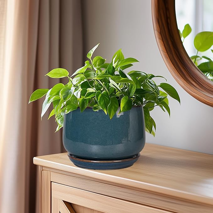 G EPGardening Ceramic Planter 6 Inch - Round Modern Ceramic Pot for Plants with Drainage and Plant Tray Indoor for Flower Apartment Decor Housewarming Gifts New Home Retro Blue