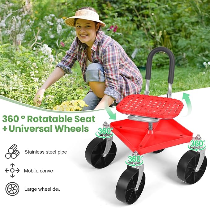 Height Adjustable Gardening Stool with Tool Tray - 360° Swivel Rolling Seat for Seniors 300lbs Capacity Kneeling Bench &amp Garden Cart (Adjustable 18-22)