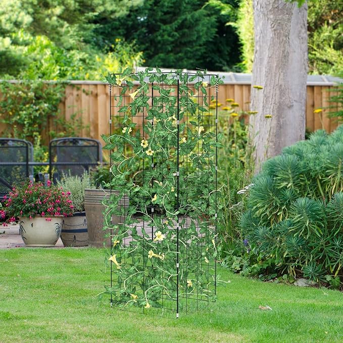 Cucumber Trellis 8-Panel Metal Plant Support w/Rustproof PP-Coated A-Frame Clips Stakes Spiral Connectors Cable Tie &amp Twist Tie Garden Trellis for Climbing Plants Outdoor Raised Bed