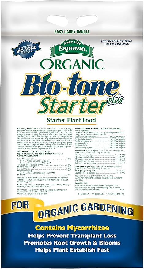 Espoma Organic Bio-Tone Starter Plus 4-3-3 Natural &amp Organic Starter Plant Food with Both Endo &amp Ecto Mycorrhizae 25 lb. Bag The Ultimate Starter Plant Food