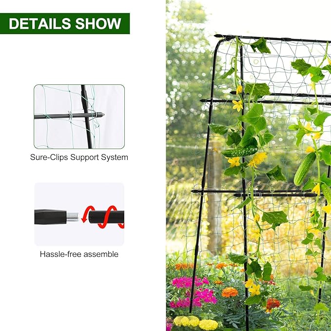 Garden Trellis for Climbing Plants Outdoor Metal Cucumber Trellis Plant Support for Outdoor Vegetables Fruits Flowers Vines Cucumber Trellis Raised Bed with Nylon Netting 63 Hx 63 L Black