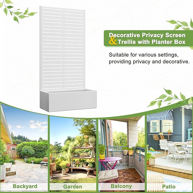 FENCY Metal Raised Garden Bed with Trellis Metal Planter Box with Trellis Garden Box for Climbing Plants Vegetable 35 Lx16 Wx71 H Garden Bed with Drainage Holes(White-Louvered)