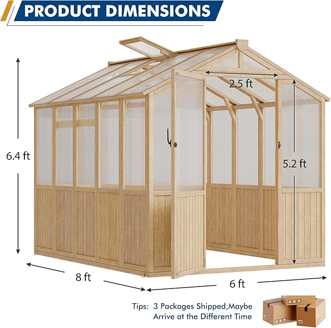 Restland 6x8 FT Wood Greenhouse for Outdoors Reinforced Frame Walk-in Greenhouses with Adjustable Roof Vents &amp Lockable Door Polycarbonate Green House for Outside