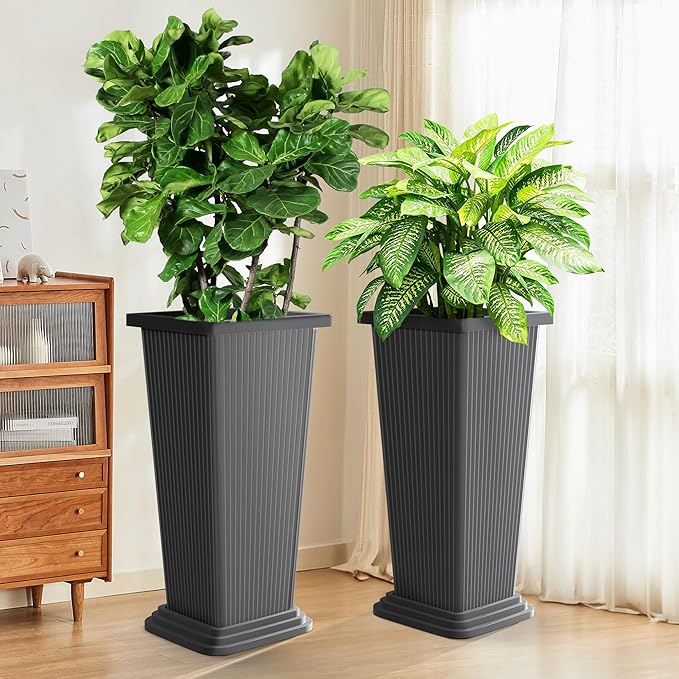 Set of 2 Tall Planters 24 Large Indoor Outdoor Flower Pots with Tray Modern Tapered Planters for Porch Patio Garden Backyard
