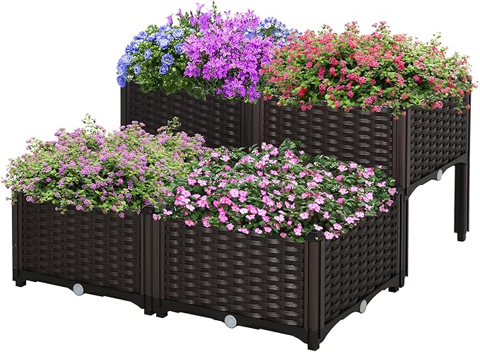 4 Piece Raised Garden Bed with Legs Self-Watering Planter Box Raised Bed to Grow Flowers Herbs &amp Vegetables Brown
