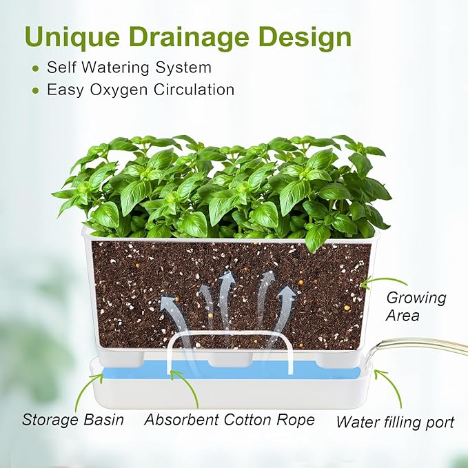 Self Watering Planters: 4 Packs Rectangular Plant Pots with with Drainage and Tray 10 Inch Window Pot Self Watering Planter for Herb Houseplants