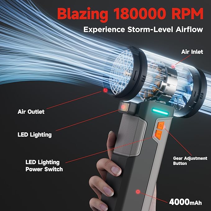 Oley Cordless Car Dryer Air Blower 1.6KG Turbo Thrust 4-Speed Rechargeable Electric Leaf Blower with LED Light 4000mAh Battery 64mm Turbo Fan &amp 3 Nozzles for Car Drying Leaves &amp Snow (Ony