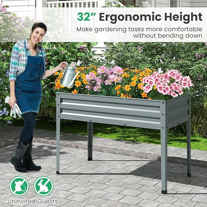 Giantex Raised Garden Bed with Legs 46”x24”x32” Galvanized Steel Planter Box with Drainage Holes for Vegetables Flowers &amp Fruits Freestanding Elevated Planting Bed Easy Assembly (Grey)