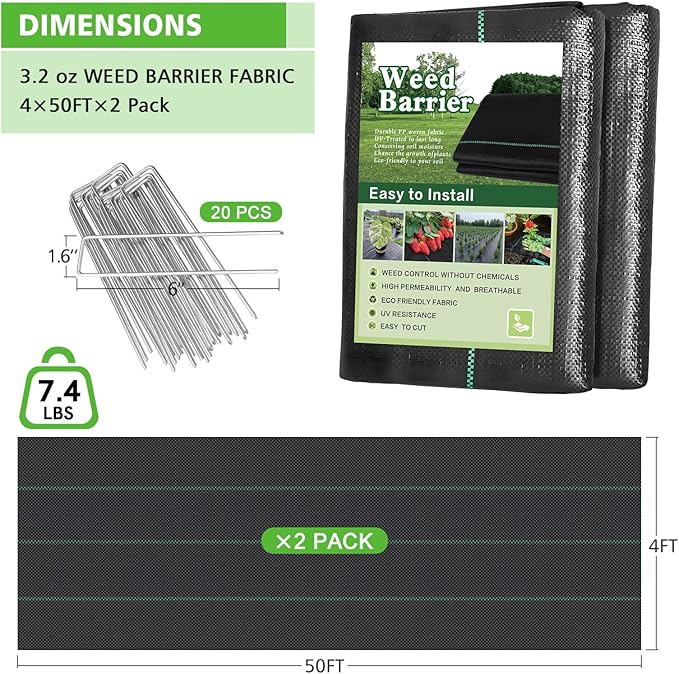 4x100FT Weed Barrier Landscape Fabric 3.2oz Heavy Duty Garden Cloth Ground Cover for Gardening Come with 20 U-Shaped Securing Pegs