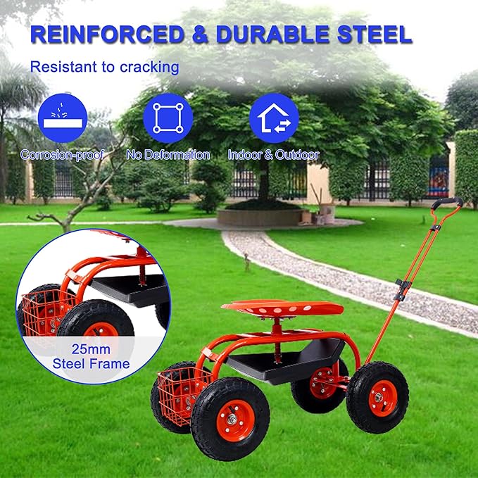 Garden Seat with Wheels Rolling Gardening Stool with 360° Swivel Seat for Seniors Rolling Trolley Stools with Steering Handle &amp Utility Tray for Backyard Lawn Outdoors