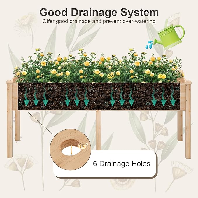 HAPPYGRILL Raised Garden Bed Outdoor Planter Raised Bed w/Drainage Holes Divider Panel 6 Supporting Legs Elevated Wood Planter Box for Backyard Patio Balcony 73” x 23” x 30” (Natural)
