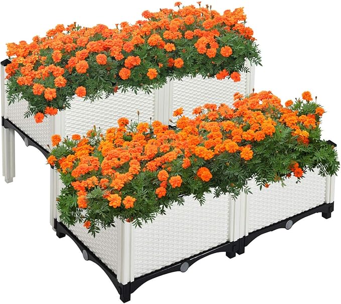S AFSTAR Raised Garden Bed Kit Set of 4 Elevated Planter Boxes with Self-Watering Design &amp Removable Legs Outdoor Plastic Planter Box for Patio Yard Balcony Gardening Rattan Pattern (White)