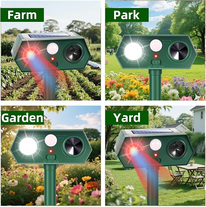 2025 Solar Ultrasonic Racoon Fortress Pro Deer Cat Repellent Devices Animal Repeller Squirrel Rabbit Deterrent Outdoor with Motion Sensor&ampFlash Light to Scare Dog Skunk Out of Garden Yard(2Pack)