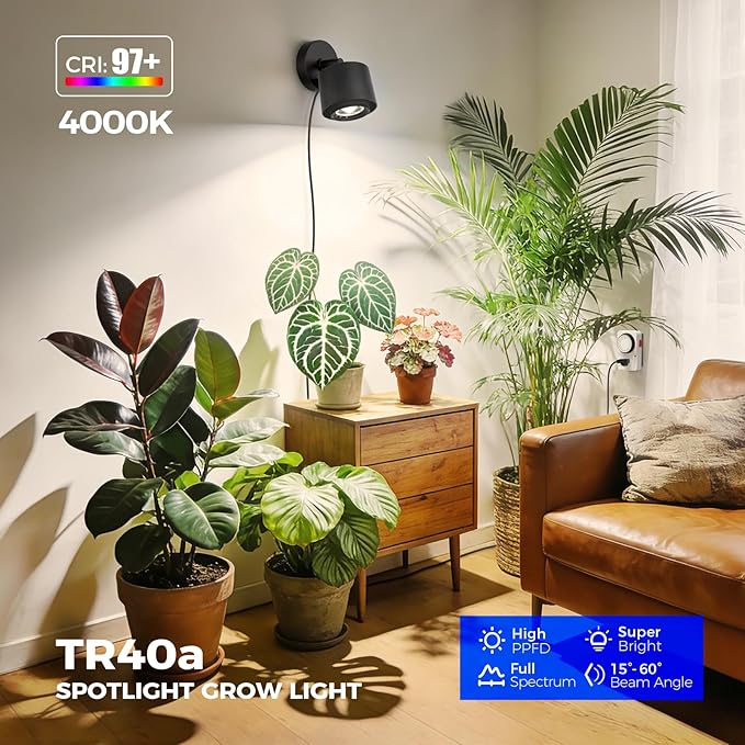 Barrina TR40a Track Grow Lights for Indoor Plants 15°-60° Adjustable Beam Angle 40W 4000K Full Spectrum LED Plant Light High PPFD Spotlight Grow Lamps with Timer for House Plants 1-Pack Black