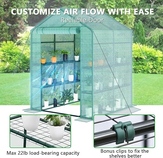 Greenhouse 57 x 57 x 76'' Greenhouses Plant Tent for Outdoors Durable Grow Kit with Window Thicken PE Cover 3 Tiers 8 Shelves Heavy Duty Walk in Green Houses for Indoor Backyard Outside