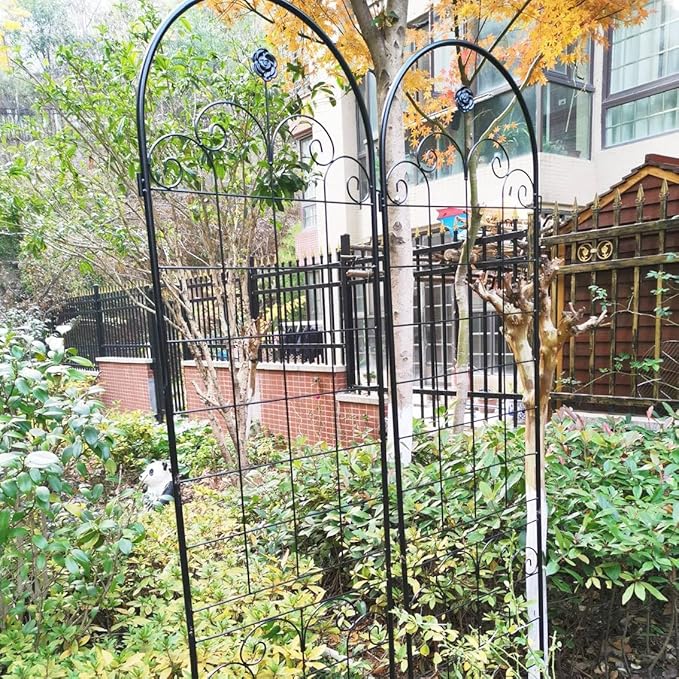 Metal Garden Trellis for Climbing Plants Black 4 Pack Connectable 19.7 x 86.7 Each Panel 80 Total Length Galvanized Tube with Rose Decoration