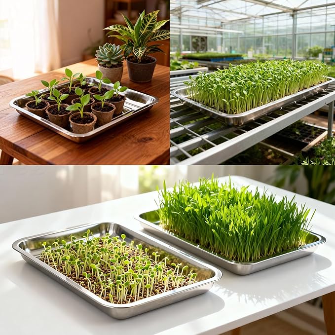 10-Pack 16 Inch Stainless Steel Growing Trays Heavy-Duty Metal Sprouting Tray for Plants Stainless Steel Plant Germination Trays for Hydroponics Transplanting (Silver)